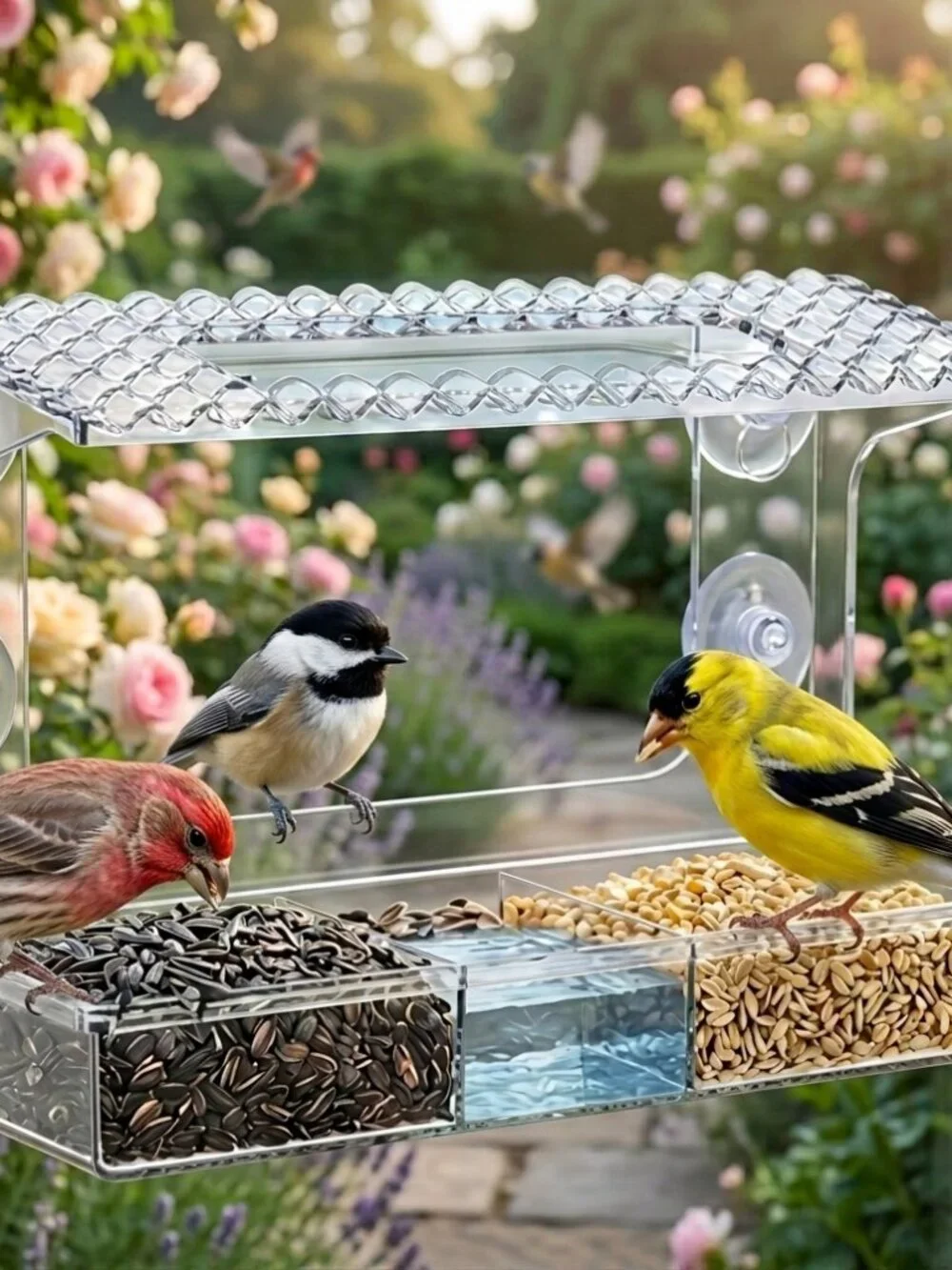 Backyard Songbirds Visiting an Acrylic Window Bird Feeder